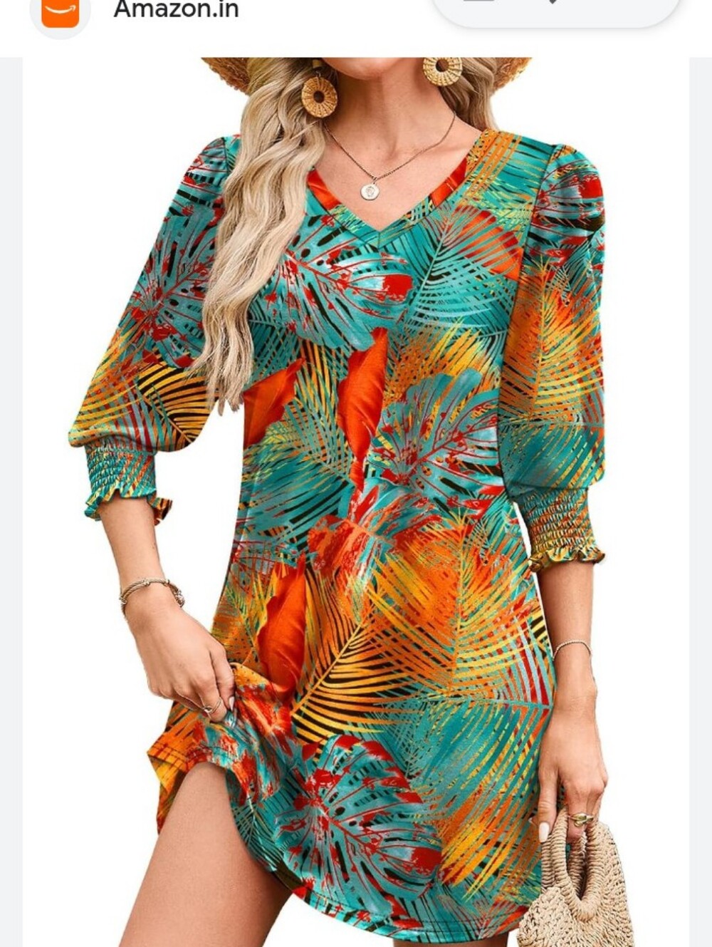 Wiholl Womens Size XL Floral Tropical Print Women’s Dress in Teal & Orange